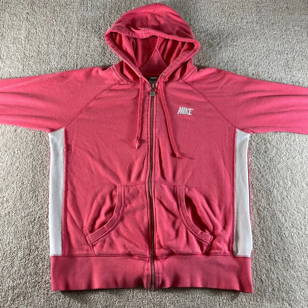 Nike Full Zip Hoodie Womens Large Pink White Sporty Raglan Fleece Jacket